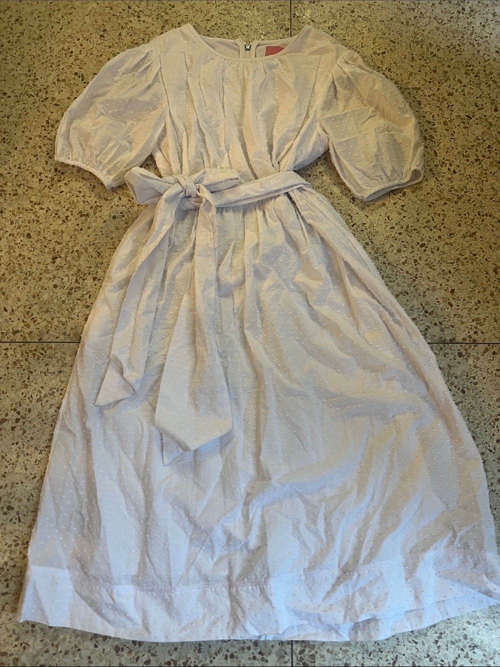 White Swiss Dot Puff Sleeve Midi Dress with Waist Tie